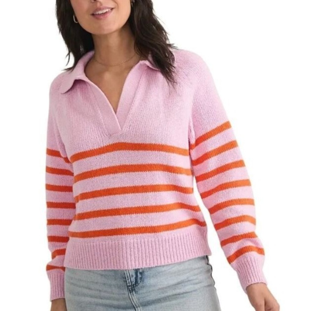 Marine Layer Claire Polo Sweater Womens XS Pink Orange Merino Wool Blend Stripe
